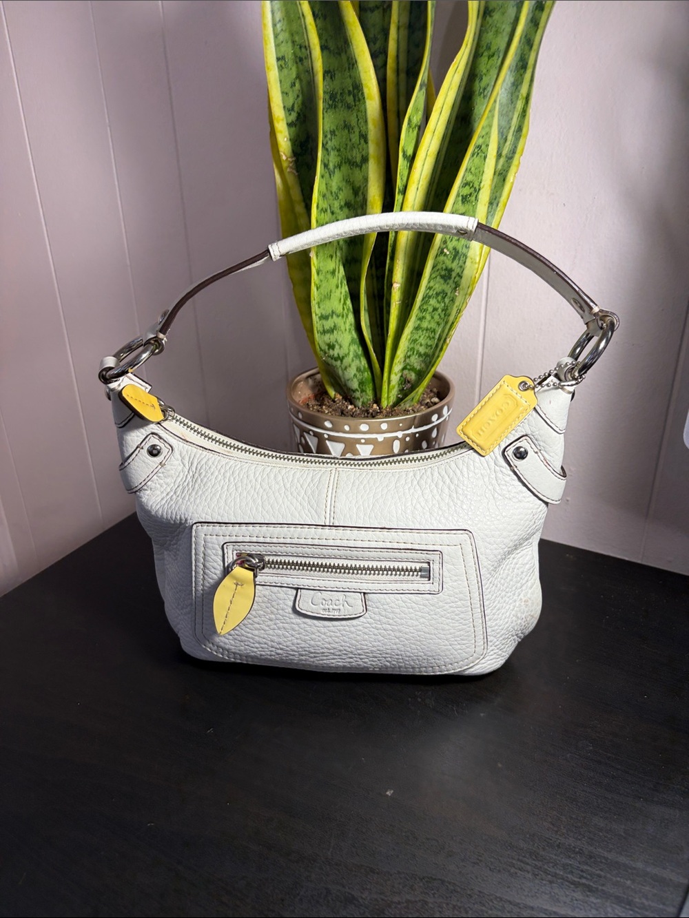 Coach White Pebbled Leather Shoulder Bag with Yellow Accents